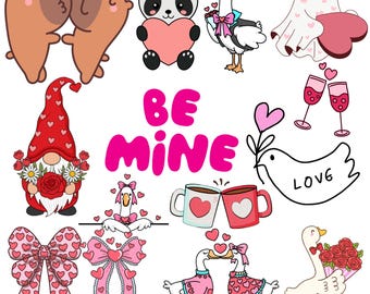 Alla hjärtans dag SVG Clipart-paket, söta kärleksdjur PNG, Be Mine Alla hjärtans dag-grafik, kawaii Alla hjärtans dag-clipart, Cricut och sublimering