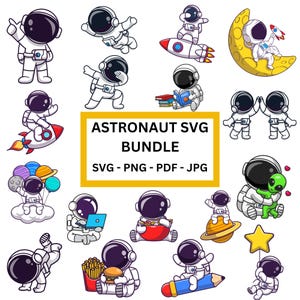 Może przedstawiać: Zestaw 15 kolorowych ilustracji SVG astronautów z kreskówek. Astronauci znajdują się w różnych pozach, w tym trzymając książkę, ołówek, gwiazdę i balon. Ilustracje idealnie nadają się do wykorzystania w projektach cyfrowych, takich jak projektowanie stron internetowych, grafika mediów społecznościowych i drukowane rękodzieło.