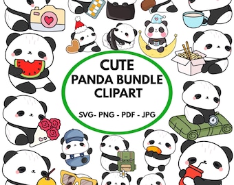 Paquete de imágenes prediseñadas SVG de pandas adorables / Panda kawaii SVG / Adorables ilustraciones digitales de pandas para manualidades, pegatinas y sublimación, descarga digital