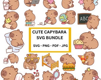 May include: A set of 20 cute capybara SVG illustrations in various poses and activities, including reading, eating, sleeping, and playing. The illustrations are in a cartoon style and feature bright colors.