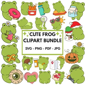 May include: A collection of green cartoon frog clipart images. The frogs are depicted with various accessories and items, including a donut, fried chicken, a drink, a sandwich, a carton of milk, a strawberry, a pretzel, a magnifying glass, sunglasses, a snowman, a pumpkin, a map, a heart, and a flashlight. Text reads "CUTE FROG CLIPART BUNDLE SVG - PNG - PDF - JPG."
