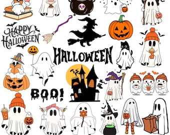 Söt Halloween-spöken och häxor SVG-paket | Spöklik pumpa och hemsökt hus Clipart | Halloween SVG-designer för Cricut och hantverk