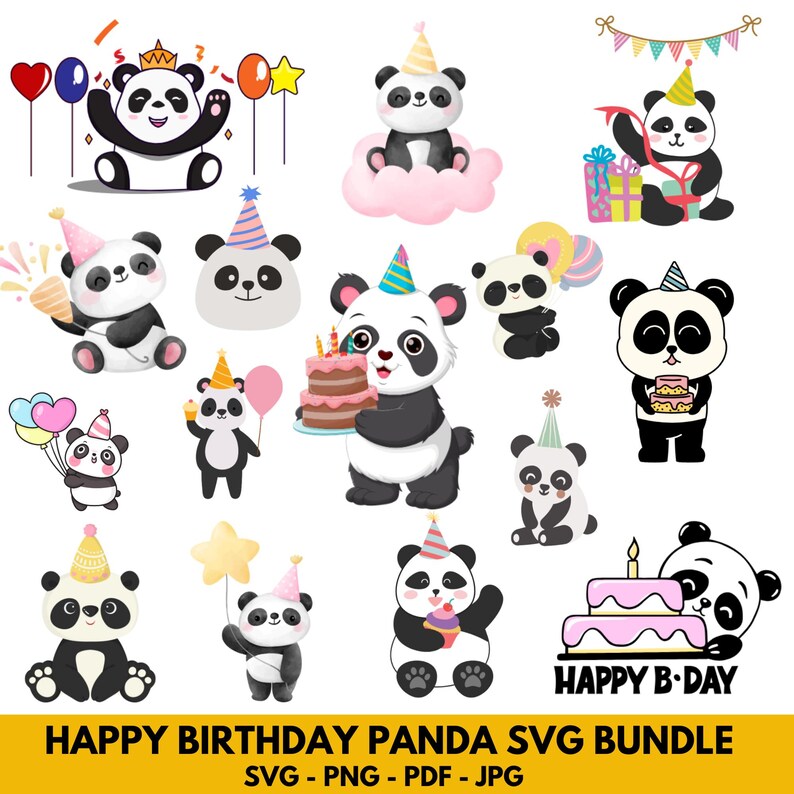 Happy Birthday Panda SVG Bundle | Cute Birthday Panda Clipart | Party ...