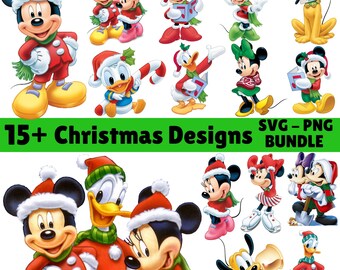 Jul Mickey akvarell Clipart-paket, bedårande tecknade illustrationer, festliga karaktärer för t-shirts, klistermärken och pyssel