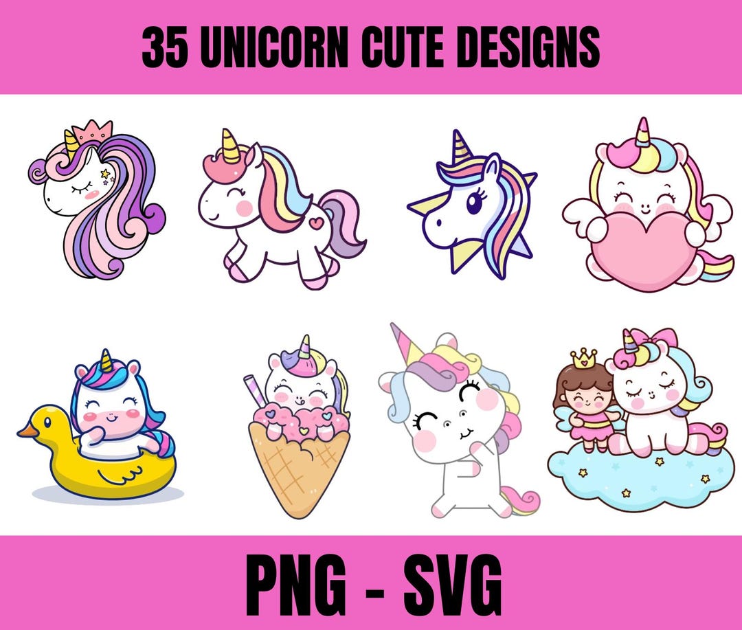 35 Adorable Unicorn SVG & PNG Clipart Set - Cute Unicorn Graphics for ...