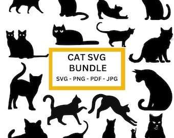 Può includere: Un set di 15 file SVG di gatti in silhouette nera. I gatti sono in varie pose, tra cui seduti, in piedi, sdraiati e saltando. Il testo "CAT SVG BUNDLE" e "SVG - PNG - PDF - JPG" è visualizzato in una casella gialla.