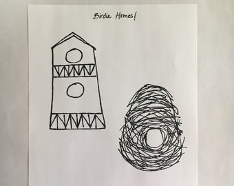 Birdie Homes to Color, Coloring Page, Coloring for Adults, Original Art Coloring Page, Hand Drawn Coloring Page, Bird Houses, Bird Nests