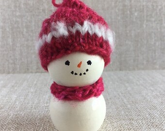 Vintage Inspired Handmade Snowman Tree Ornament with Hand Knitted Red Cap  Snowman Decor Holiday Decor Cottage Core Style Cottage Core Home