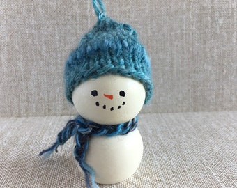 Vintage Inspired Handmade Snowman Tree Ornament with Hand Knitted Blue Cap Vintage Style Cottage Core Style Cottage Core Home Holiday Decor