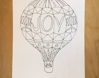Coloring Page, JOY Hot Air Balloon, Coloring for Adults, Coloring for Relaxation, Original Coloring Page, Hand Drawn Coloring Page, Coloring