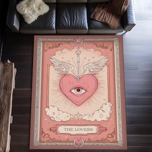 Manifestatie tarotkleed, tarotkleed The Lovers, roze vloerkleed, vintage tapijt, woondecoratie, creatief tapijtontwerp, boho-tapijt, gevleugeld hart
