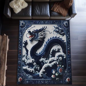 Alfombra de salón con decoración oriental de dragón azul, criatura mítica, dragón chino, arte tradicional, alfombra decorativa, alfombra de alta calidad