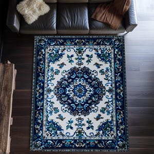 Persian Rug, Floral Rug, Traditional Design, Blue White Rug, Oriental Pattern, Living Room Decor, Classic Rug, Vintage Style, Luxury Rug