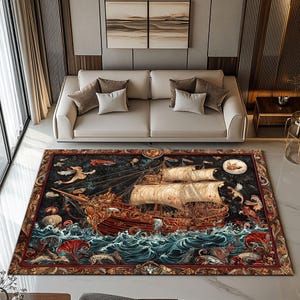 Segelschiff Teppich, Fantasy Map Teppich, Teppich für Wohnzimmer, Fiktive Welt, Mythisches Meer, Piratenteppich