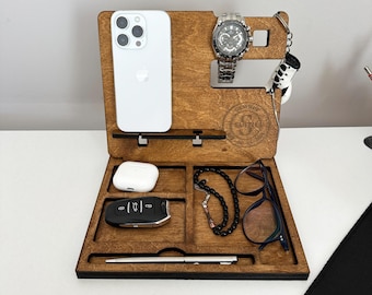 Personalized Wood Docking Station: Custom Nightstand Organizer, Men's Gift
