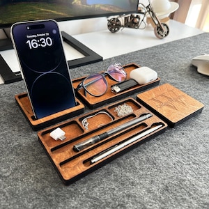 Personalized Wood Desk Organizer-Custom Docking Station For Men Anniversary-Fathers Day Gift-Catch All Tray Custom Desk Organizer-Xmas Gifts