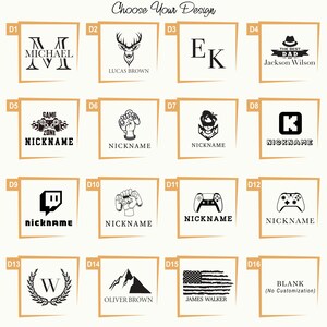 May include: A grid of sixteen square design options labeled D1 through D16, featuring black ink graphics and text on a light background. Designs include monograms, a deer head, gaming controllers, a mountain, a flag, and text placeholders.
