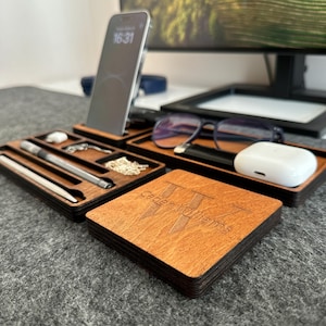 Wood Desk Organizer All Tray-Custom Docking Station For Men Anniversary-Fathers Day Gift-Catch All Tray Custom Desk Organizer-Dad Gifts