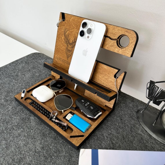 Personalized Wood Docking Station: Engraved Desk Organizer Gift