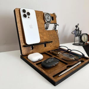 Personalized Wood Desk Organizer Docking Station for Office - Wood Organizer Tray Desk Organizer for Dad Desk Organizer with Docking Station
