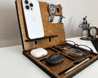 Personalized Wood Desk Organizer – Docking Station, Phone Stand
