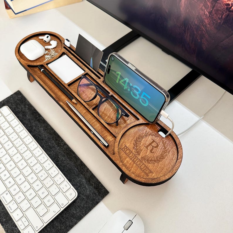 Personalized Wood Desk Organizer-Office Desk Accessories-Custom Tablet and Phone Stand- Custom Docking Station- Custom Organizer Gift