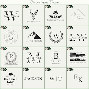 May include: A grid of 16 different designs for personalized wooden coasters. Each design features a unique graphic, text, and initials. The designs include a deer, a mountain, a wreath, a flag, and a variety of initials.