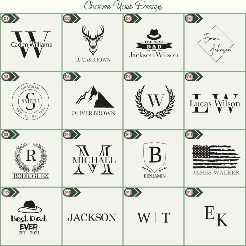 May include: A grid of 16 different designs for personalized wooden coasters. Each design features a unique graphic, text, and initials. The designs include a deer, a mountain, a wreath, a flag, and a variety of initials.