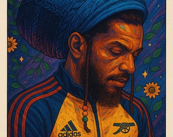 Puede incluir: Impresión artística digital de un hombre con gorro de punto azul y rastas, que lleva una chaqueta deportiva Adidas amarilla y azul con el logo del Arsenal. El fondo presenta girasoles, estrellas y un cielo púrpura y azul.