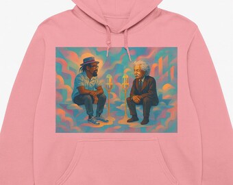 Pastel Pink Hoodie: Einstein and Modern Man Art, Surreal Cloud Design