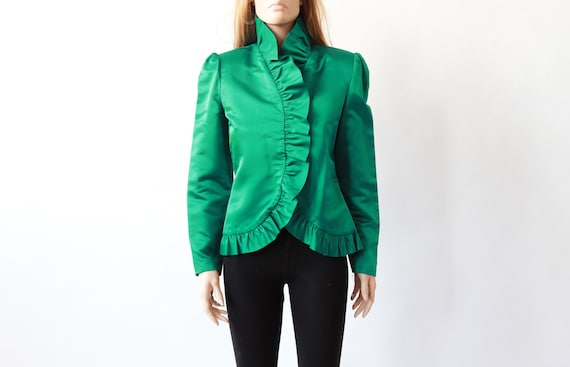 80s BILL BLASS ruffle blouse | green silk shirt