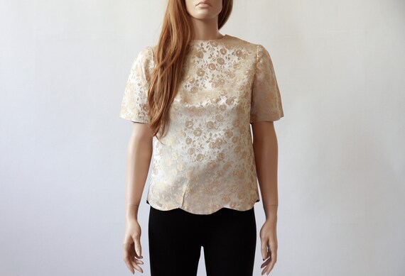 50s/60s beige satin brocade floral top xs/s
