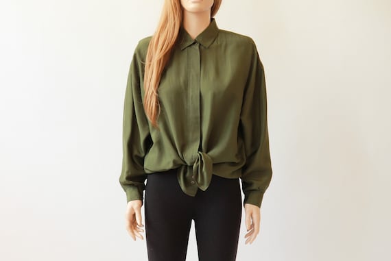 90s olive silk button up blouse