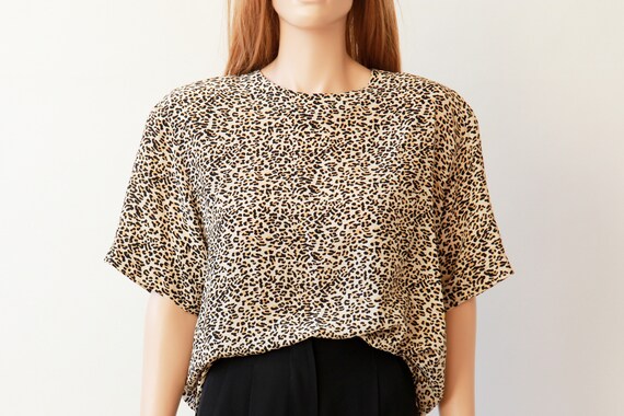 80s leopard silk T shirt blouse Large