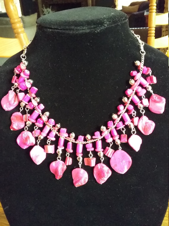 Ladies Vintage Hot Pink Bead and Stone Bib Choker Necklace Etsy