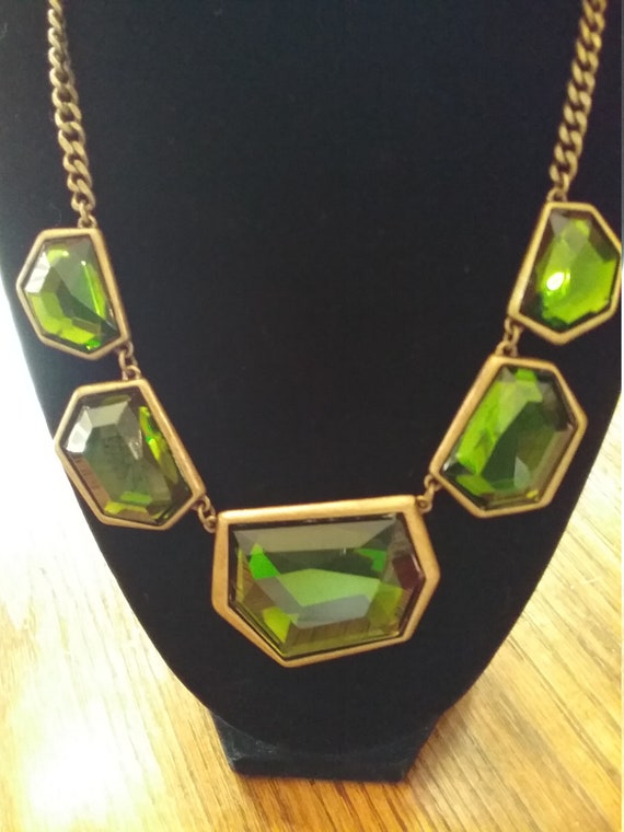 Womens  Vintage Bronze Chain Necklace with Green S