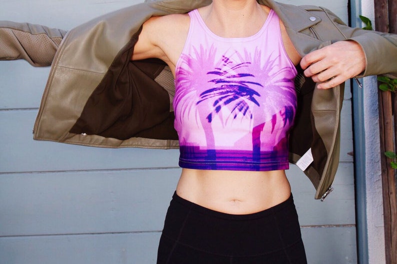 Twin Palms Crop Top Hollywood Blvd Holga Art Double Exposure Athleticwear Hot Pink Festivalwear Tank Tops Workout Clothes image 2