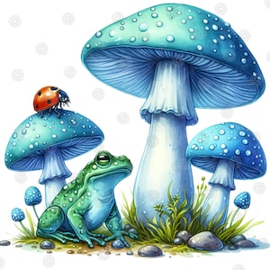 Bundle JPG 6 champignons bleus haute qualité Clip Art, téléchargement numérique aquarelle, fond blanc, journaux indésirables Scrapbooking Clipart Jpegs