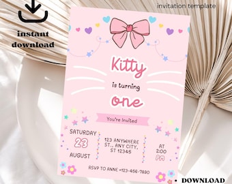 Cute Kitty Birthday Invitation, Pink Theme (Digital Download)