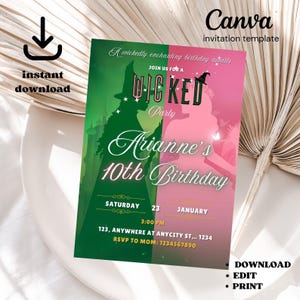 Wicked Geburtstagsfeier-Einladung, Wicked Party-Einladung, WICKED inspirierte Kinokarte, Elphaba & Glinda Theme, Filmparty, Canva Editable