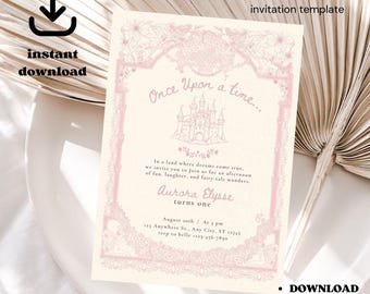 Pode incluir: Um modelo de convite Canva com tema de conto de fadas. O convite apresenta uma ilustração de castelo rosa e o texto "Once Upon a Time..." e "Aurora Elysse turns one." O design inclui elementos florais decorativos e as palavras "download, edit, print."