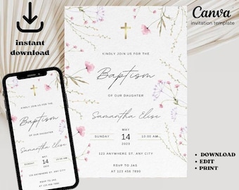 Wildflower Baptism Invitation Template: Dusty Pink Floral (Digital Download)