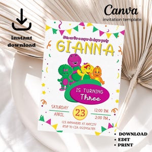 Convite de aniversário do Barney para download digital, arquivo para impressão de convite de aniversário do Barney e amigos, modelo de festa de aniversário de dinossauro roxo