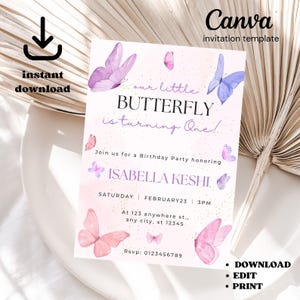 Butterfly Birthday Invitation, Girl Butterfly Party, Purple Butterfly Birthday Invite, First Birthday Invitation, Gold Butterflies Decor