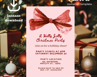 Whimsical Bow Christmas Party Invitation Template (Canva Digital Download)