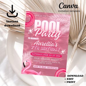 Editable Pink Girls Pool Party Birthday Invitation Template Pink Girl Birthday Party Invite Girls Teenage Birthday Invite Digital Download