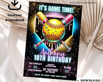 Baseball Ice Cream Drip Birthday Invitation, Canva Template (Digital Download)