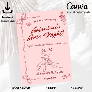 Galentine&#39;s Girls Night Invitation: Editable Coquette Invite (Digital Download)