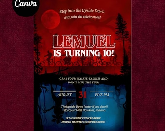 May include: A red and blue birthday party invitation with the text "LEMUEL IS TURNING 10!" and "Step into the Upside Down". The invitation includes the date August 31 and the time Five PM. The invitation also includes the text "The Upside Down (enter if you dare!) Starcourt Mall, Hawkins, Indiana".