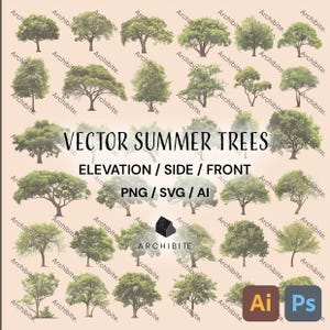 May include: A collection of 24 vector summer tree illustrations in various poses, including front, side, and elevation views. The trees are depicted in a light green color and are suitable for use in design projects. The image includes the text "VECTOR SUMMER TREES", "ELEVATION / SIDE / FRONT", "PNG / SVG / AI", and "ARCHIBITE".